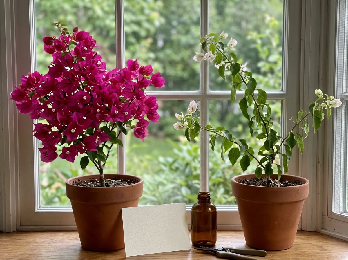 Side-by-side indoor bougainvillea example showing poor vs good flowering conditions.