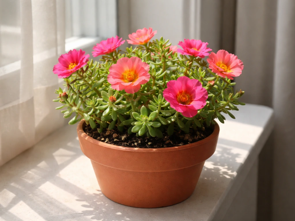Vibrant portulaca (moss rose) blooms in a small pot on a sunny windowsill indoors.