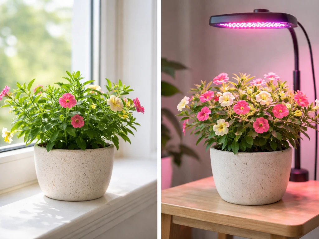 Two identical potted plants side-by-side: one on a south-facing windowsill, one under a grow light, fuller blooms under