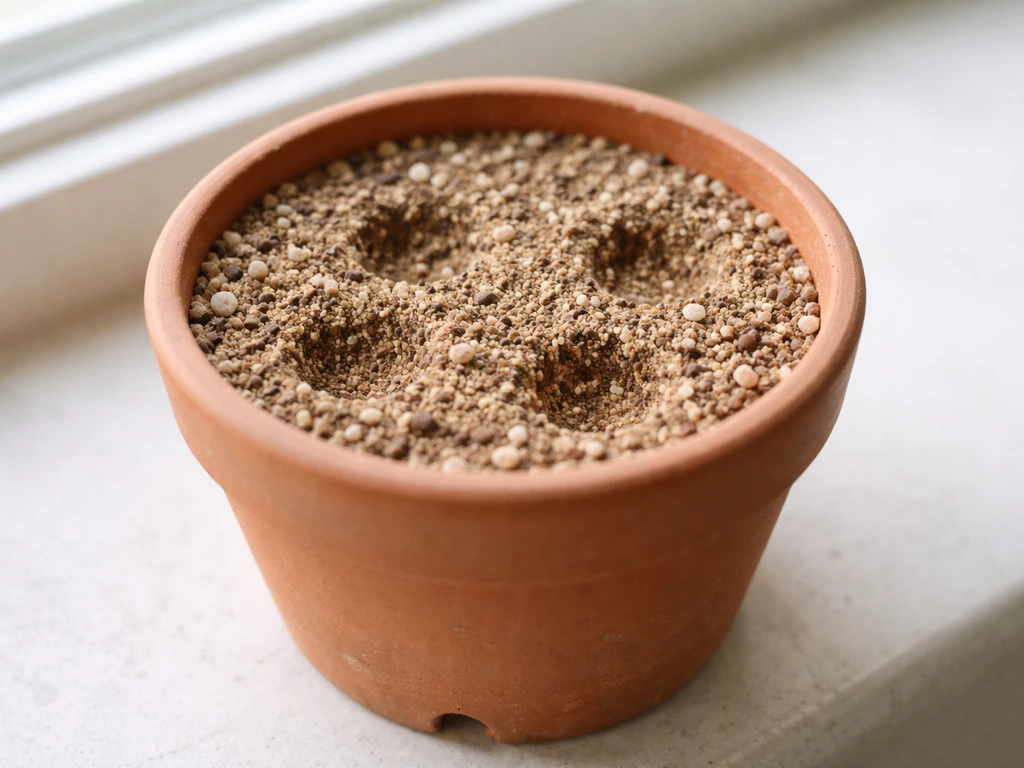 Terracotta pot with drainage holes filled with gritty fast-draining succulent soil mix on a windowsill.