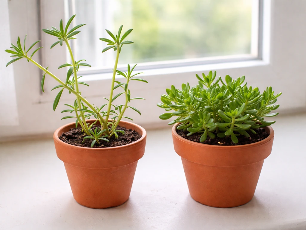 Leggy indoor portulaca with wide internodes beside a compact healthy plant by a sunlit window.
