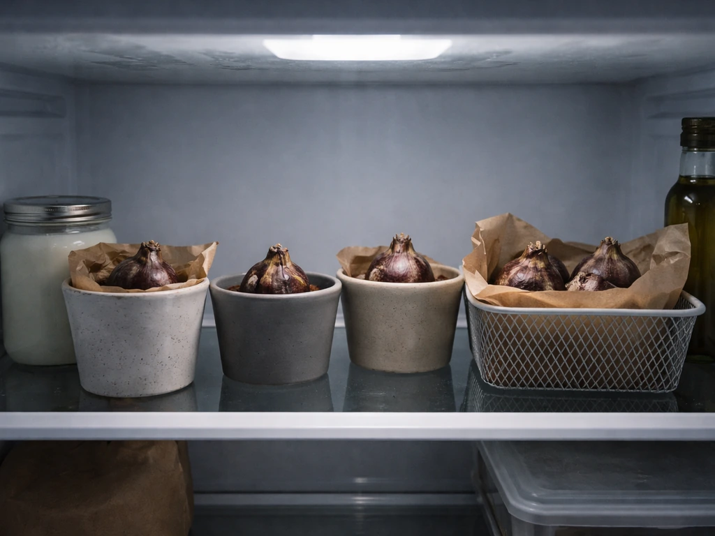 Hyacinth bulb pots placed on a refrigerator shelf for chilling in cool, dark conditions.