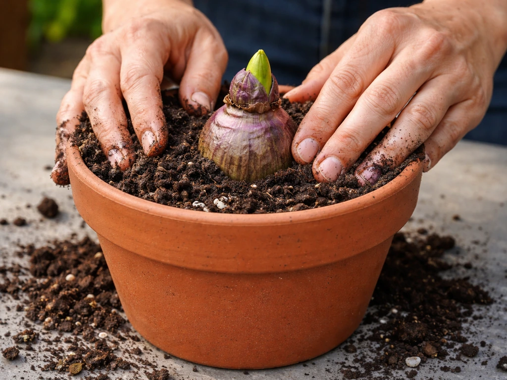 Hands partially covering a hyacinth bulb in a potting mix-filled pot with drainage holes.