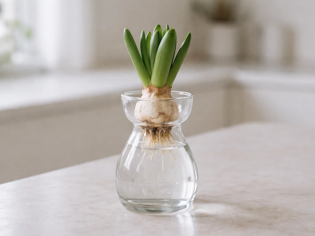 Hyacinth bulb in a clear water vase showing healthy green leaves but no flower spike