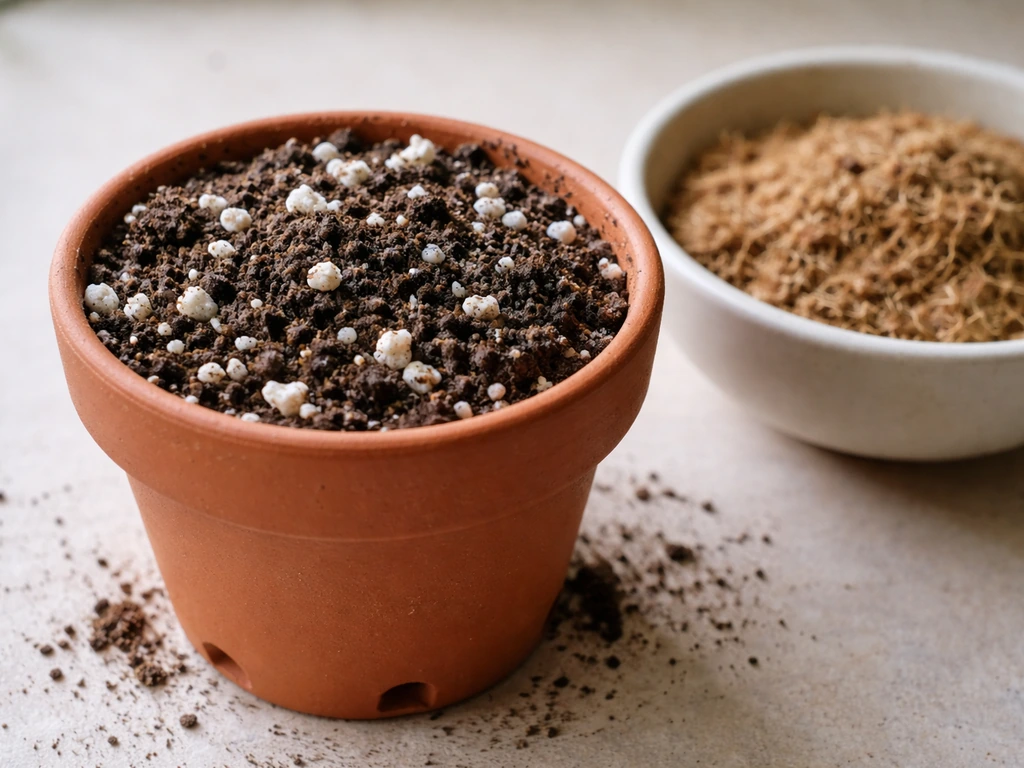 Close-up of a terracotta pot with drainage holes and a mix of perlite and potting soil textures.