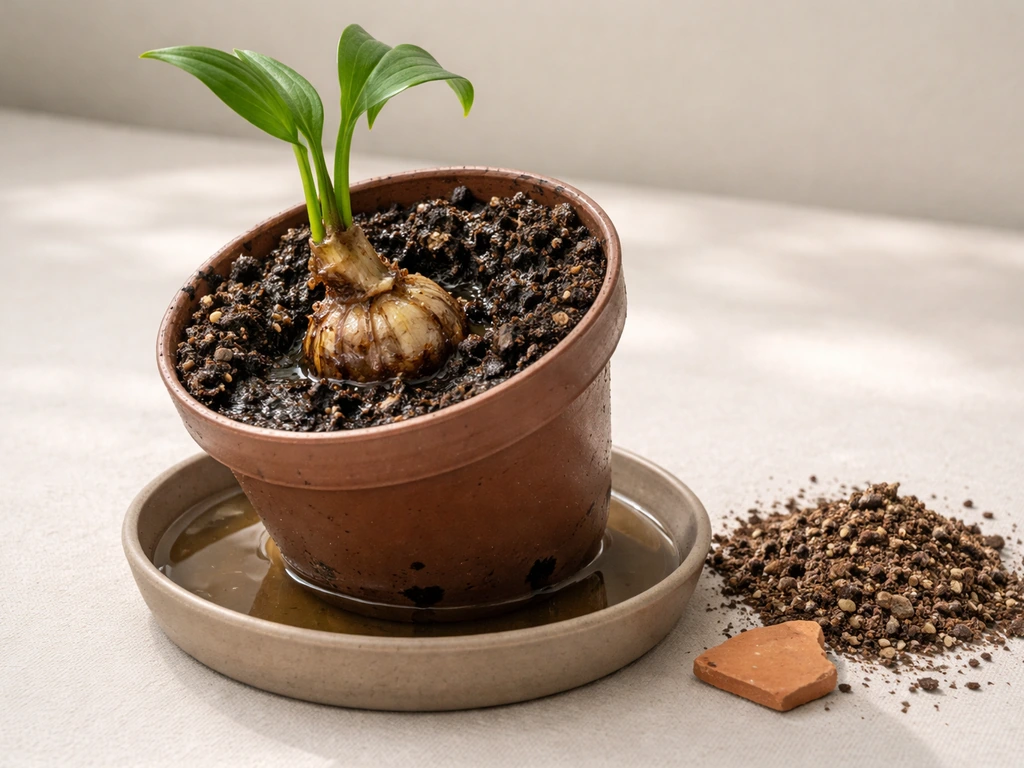 Close view of a tipped pot with soggy wet soil and a rotting bulb at the soil line.