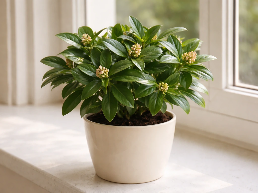 Healthy daphne in a pot on a bright indoor windowsill with dense green foliage.