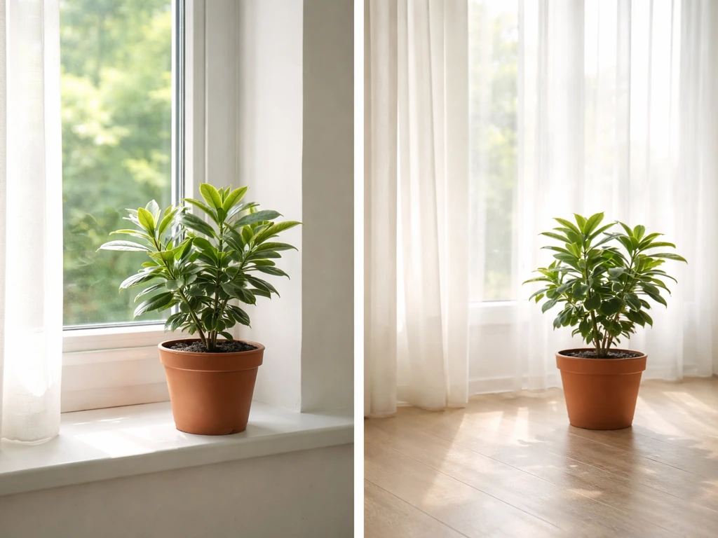 Potted daphne-like plant in bright indirect morning light near an east window and slightly back from a south window