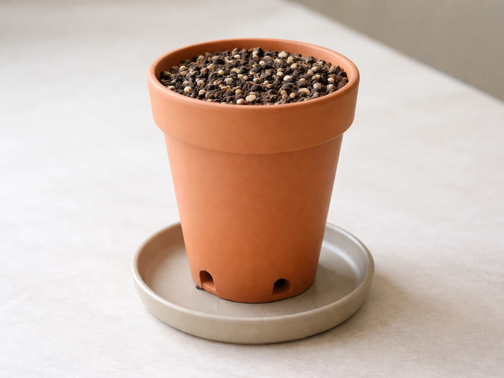 Tall narrow pot with drainage holes and well-draining mix, with no standing water in a simple tray setup.