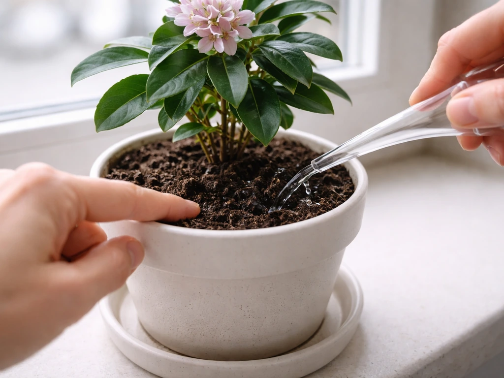 Hand checks topsoil moisture in a small potted daphne, then waters gently into the pot without soaking roots.