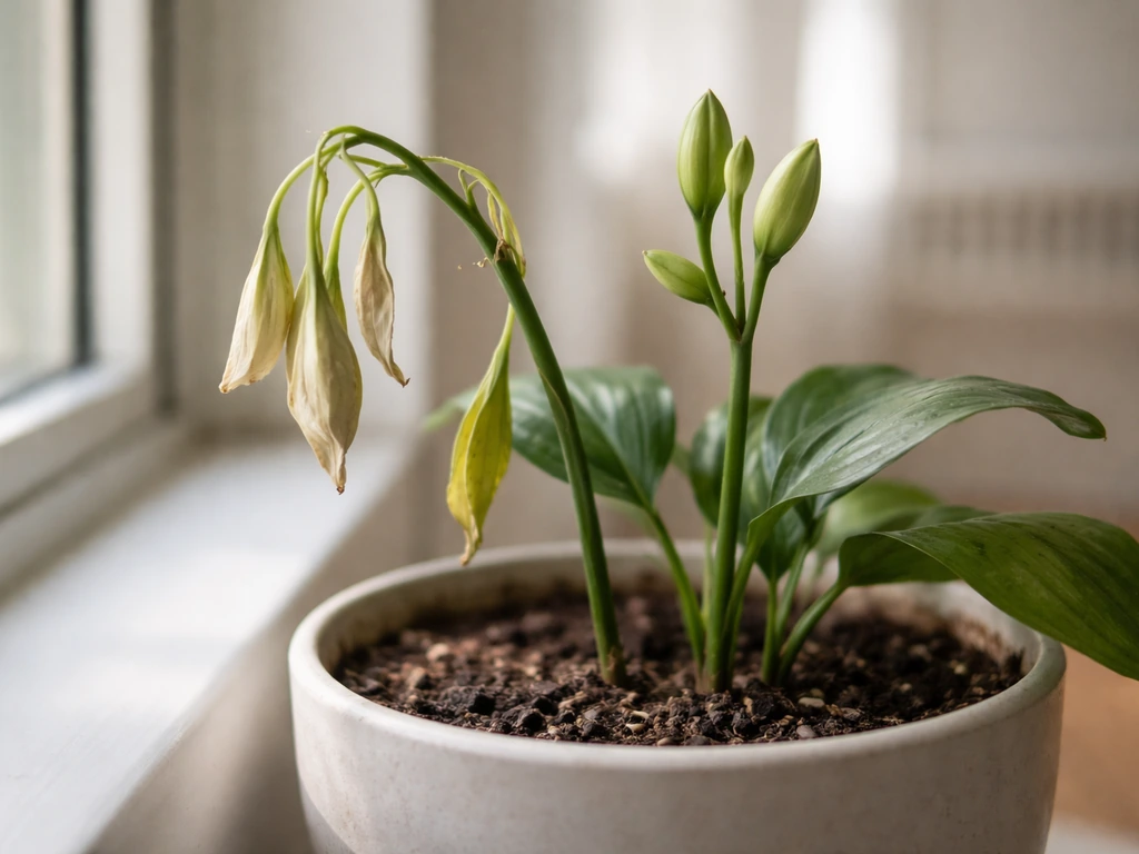 Close-up of an indoor plant showing a few dropping buds and leaves beside healthy green buds, near a window