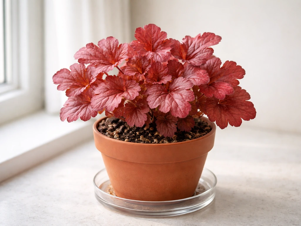 Lush heuchera plant in a terracotta pot by a bright window with visible potting mix and drainage saucer.