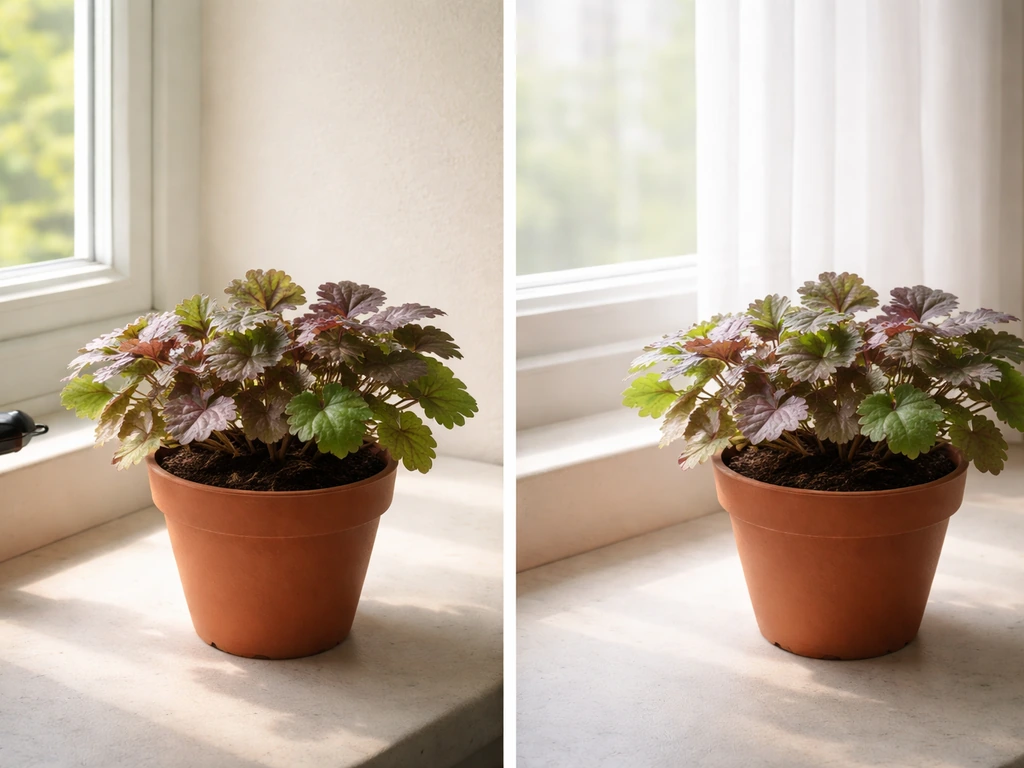 Two heuchera plants side-by-side by windows showing gentle east light and diffused south light.