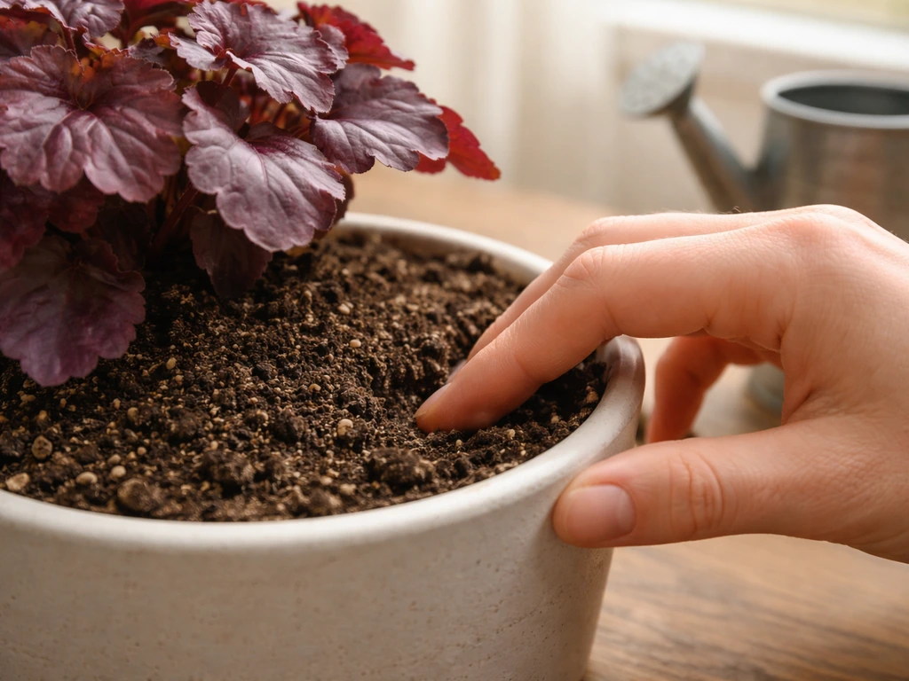 Hand checking soil moisture in a small indoor heuchera pot, with a watering can nearby.