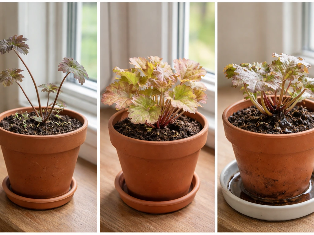 Three potted heuchera plants on a windowsill showing leggy growth, faded leaves, and soggy stem rot with matching fixes