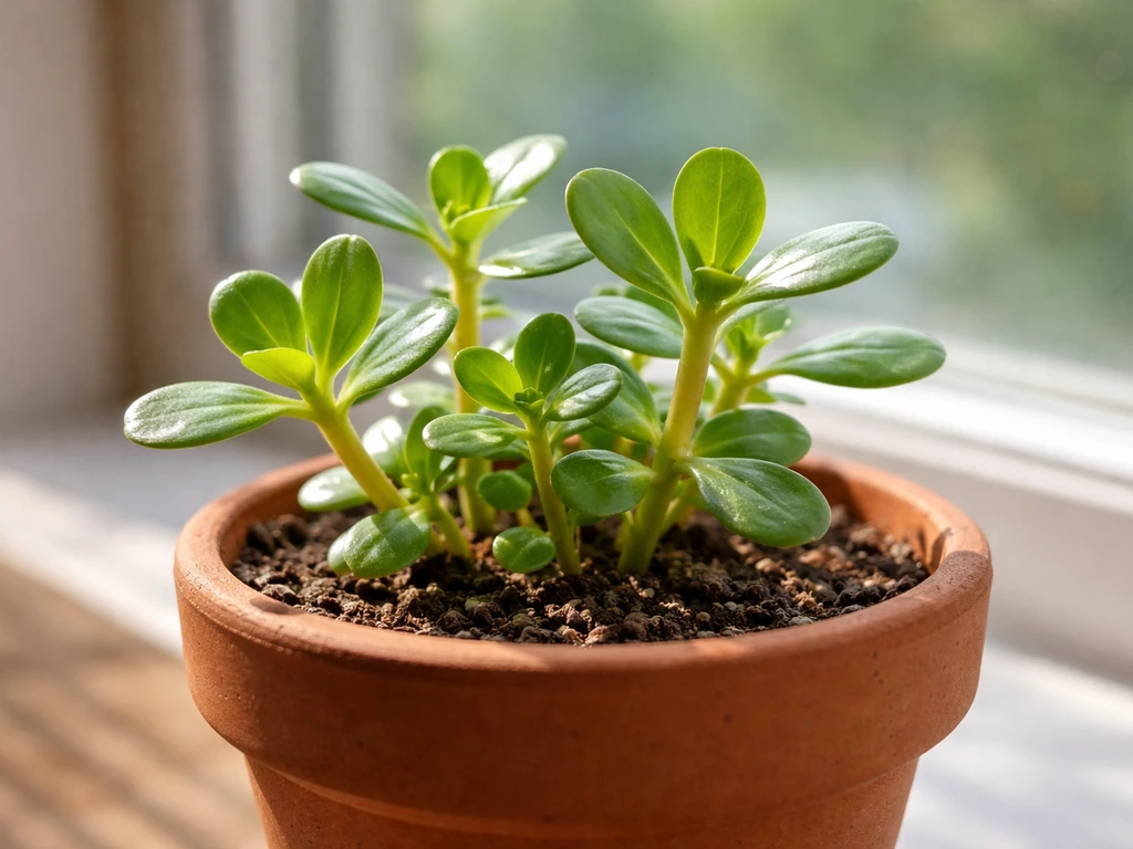 Compact purslane plant in a small pot on a bright windowsill with thick succulent-like leaves
