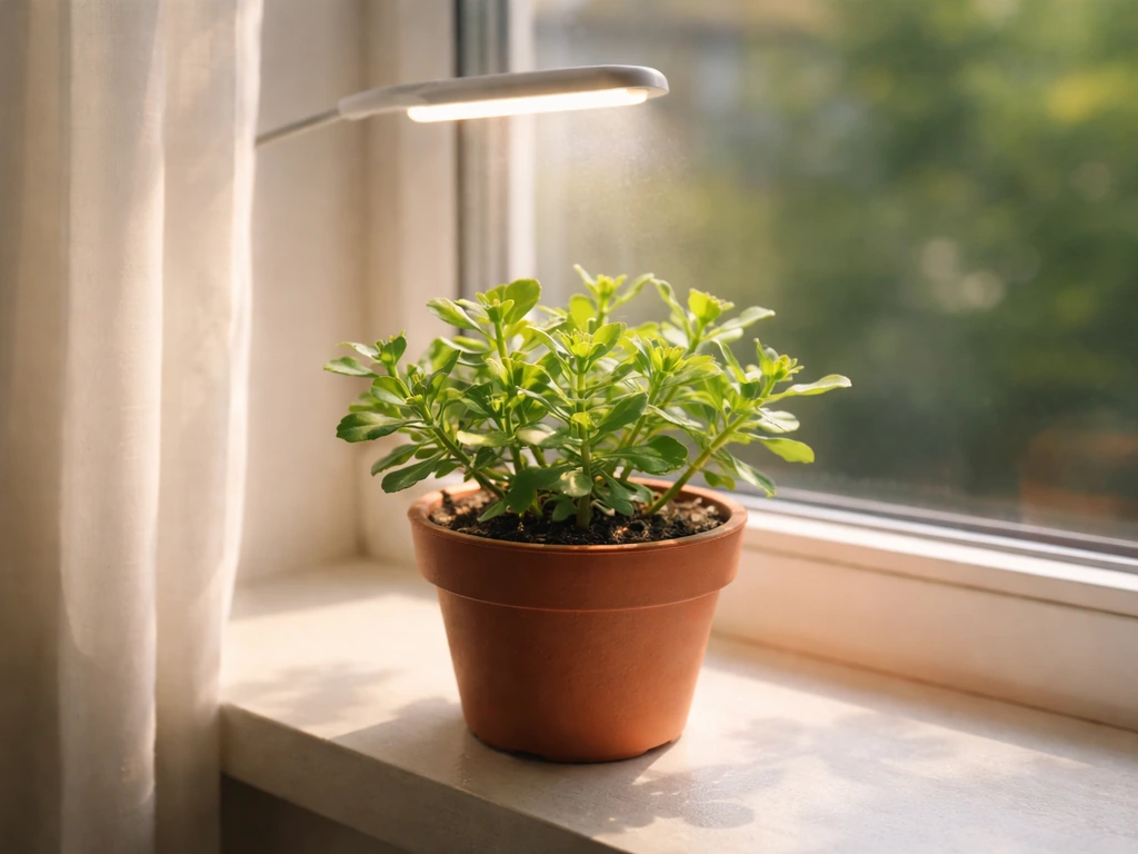 Potted purslane on a sunny windowsill near a south-facing window with light reaching the plant.