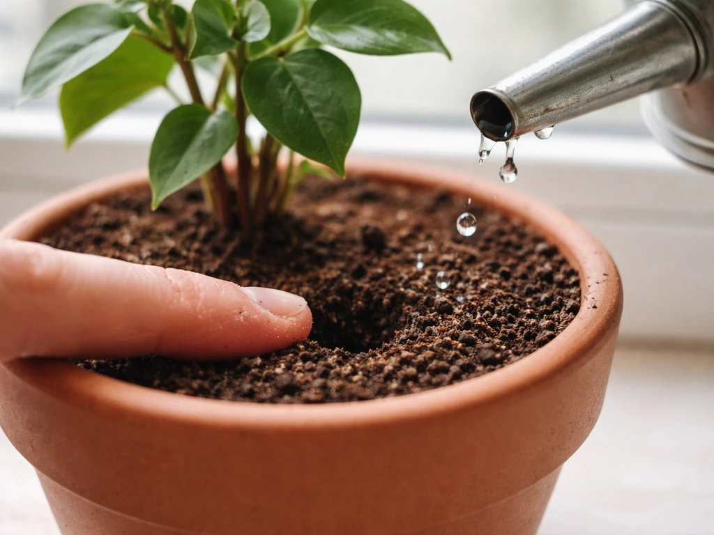 Fingertip checks moist potting soil; watering can drips lightly into a small potted plant.