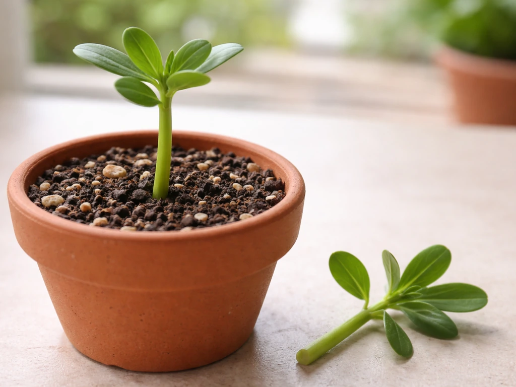 3–4 inch purslane stem node cutting with bottom leaves removed in a small pot, ready to root