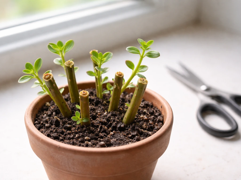 Pruned indoor purslane stems in a small pot with fresh tender regrowth after clean snips.