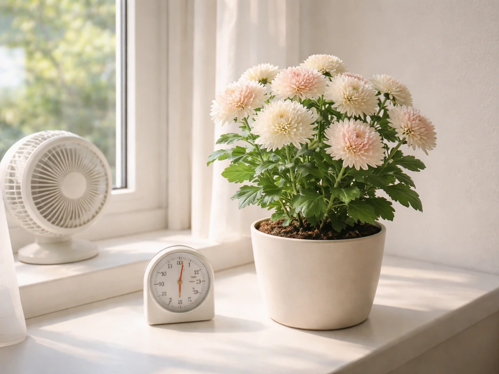 Potted chrysanthemum by a bright south/east window with a small thermometer-hygrometer and gentle airflow.