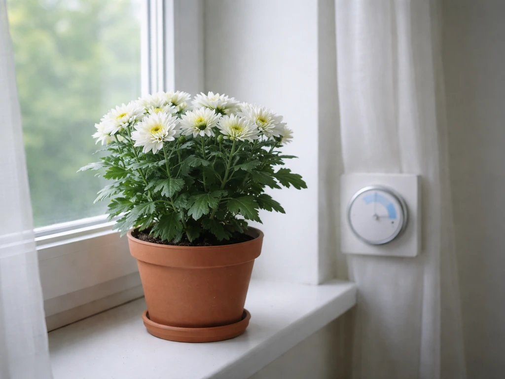 Potted chrysanthemum on a windowsill in a cool room with a visible thermostat dial nearby