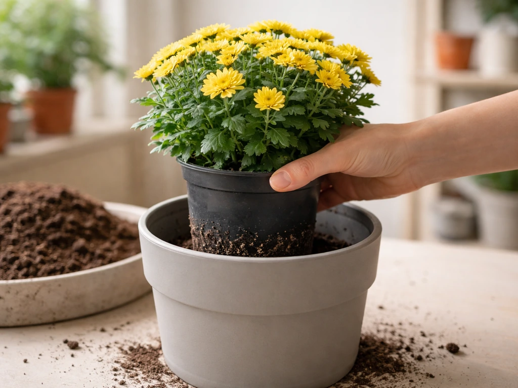A florist pot mum being carefully moved into a properly sized container, roots visible in a nursery setting.