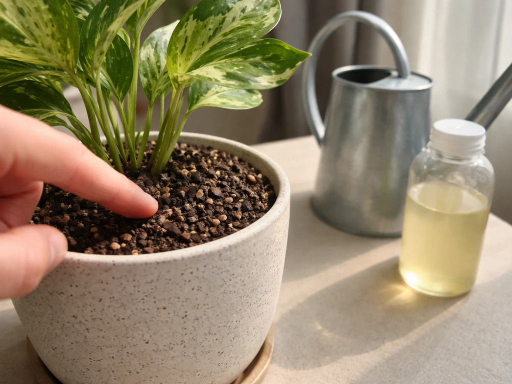 Finger checking moisture in a potted plant, with a watering can and unlabeled fertilizer bottle nearby.