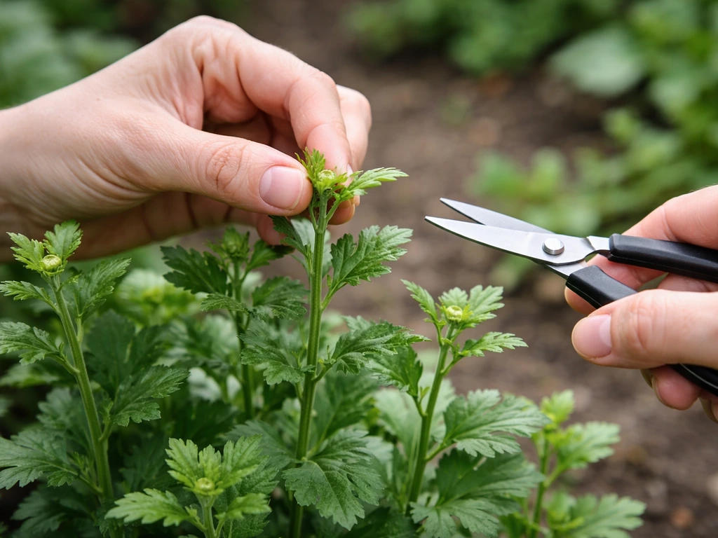 Close-up of fingers pinching chrysanthemum new growth tips with small pruners in a garden.