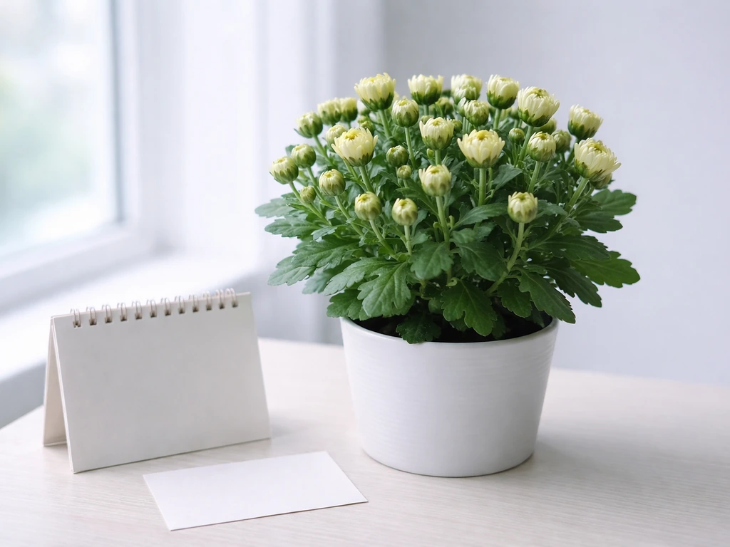 Potted indoor chrysanthemum with mostly-closed buds by a cool window, showing bloom timing setup