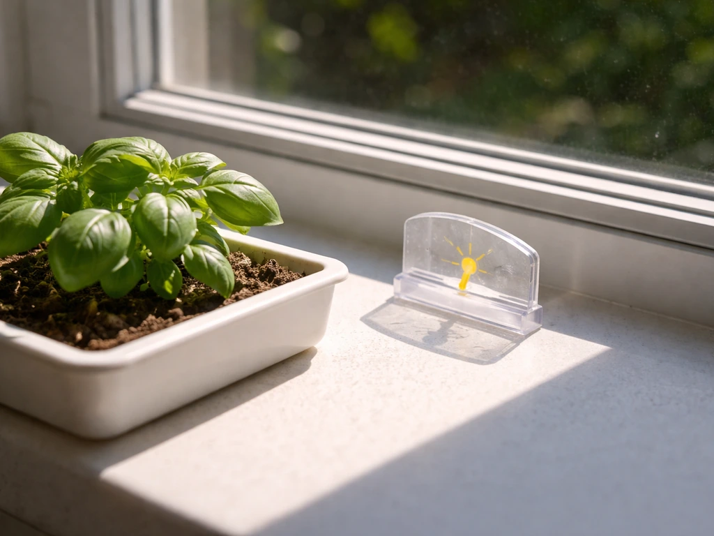 Close-up of a south-facing window with direct sunlight and a simple light-duration measuring reference.