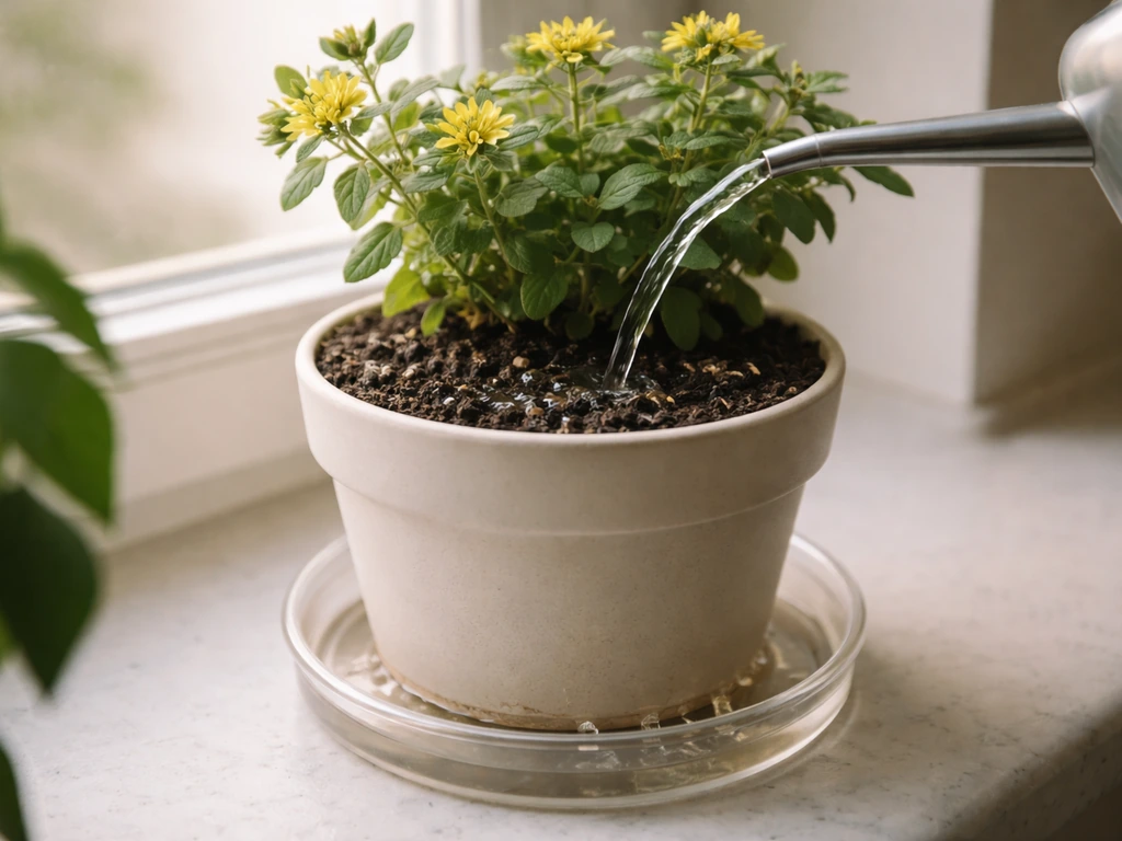 Indoor St. John’s wort in a pot being watered, with water draining into a tray from the bottom.