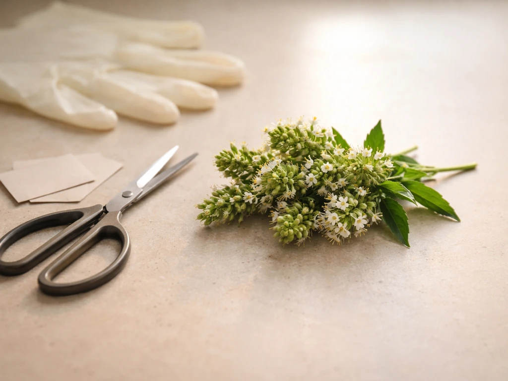 Clean scissors and harvested flowering tops in gloves on a neutral surface for safe indoor plant harvesting.