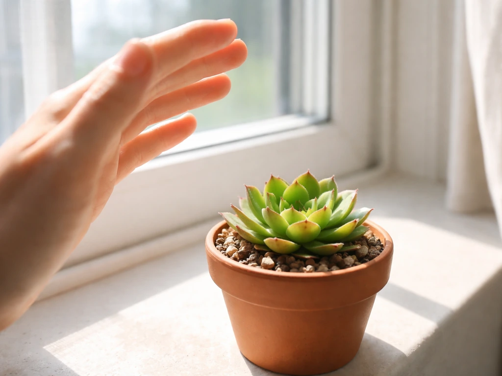 Hand held between a bright south-facing window and a small succulent rosette on a windowsill