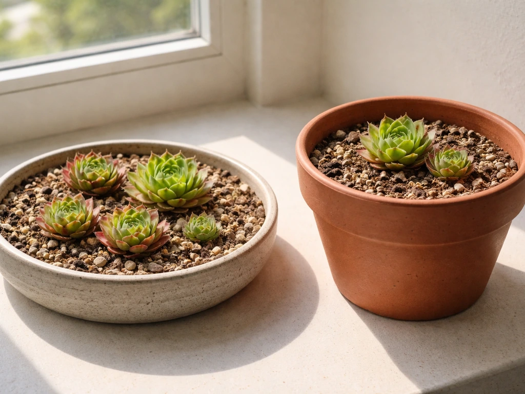 Wide shallow “mum pan” tray with Sempervivum rosettes beside a deeper pot in bright window light