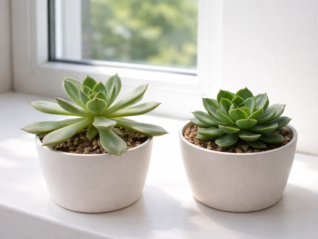 Two potted rosettes on a windowsill: one pale and stretched, the other compact and healthy.