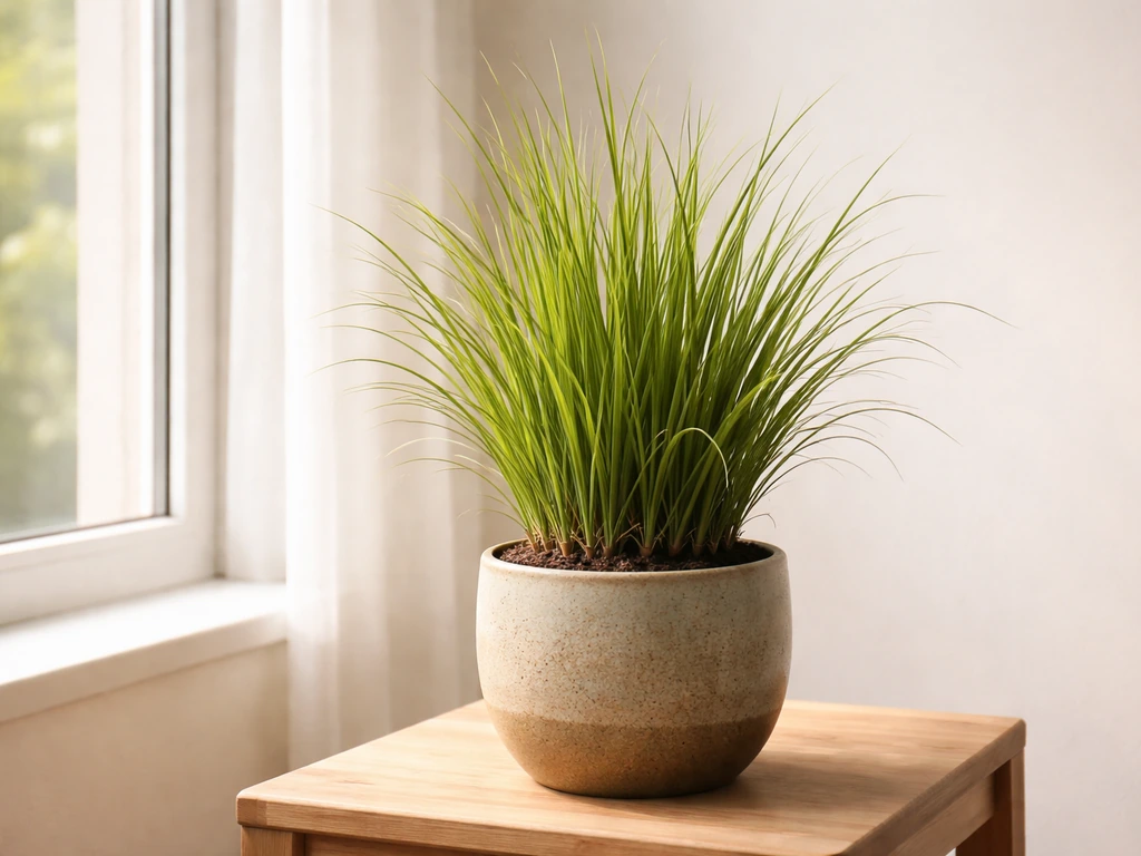 Lush ornamental grass thriving in a decorative pot by a bright window in a simple indoor room.