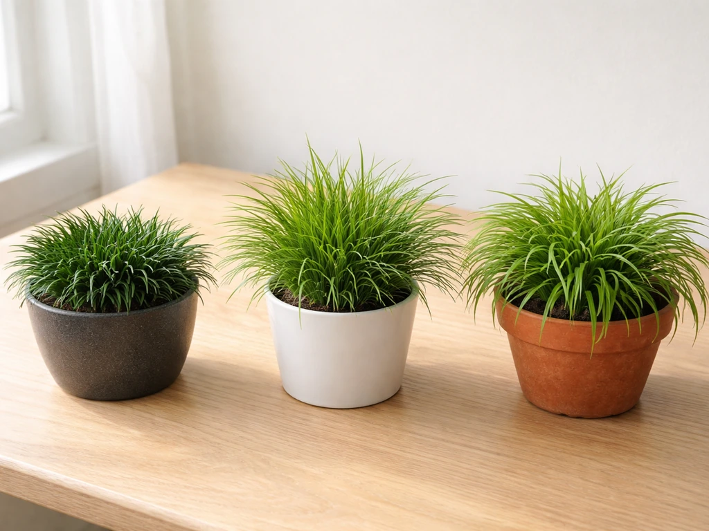 Small potted ornamental grasses arranged on a light wood table near a window for indoor comparison.