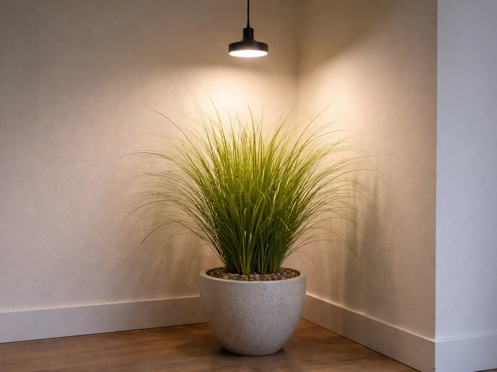 Ornamental grass reaching under a grow light, illuminated by direct light in a simple indoor corner.