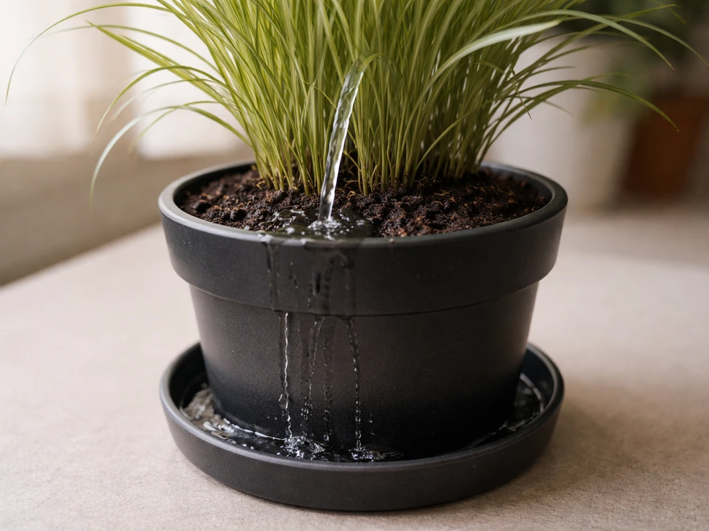 Indoor ornamental grass being thoroughly watered, with excess draining into the saucer.