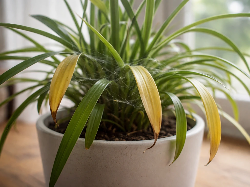 Close-up of indoor plant leaves showing yellowing and faint spider-mite webbing