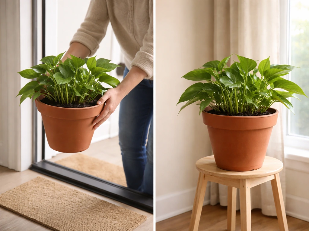Split-scene photo: patio pot moved indoors; potted plant by bright window for overwintering