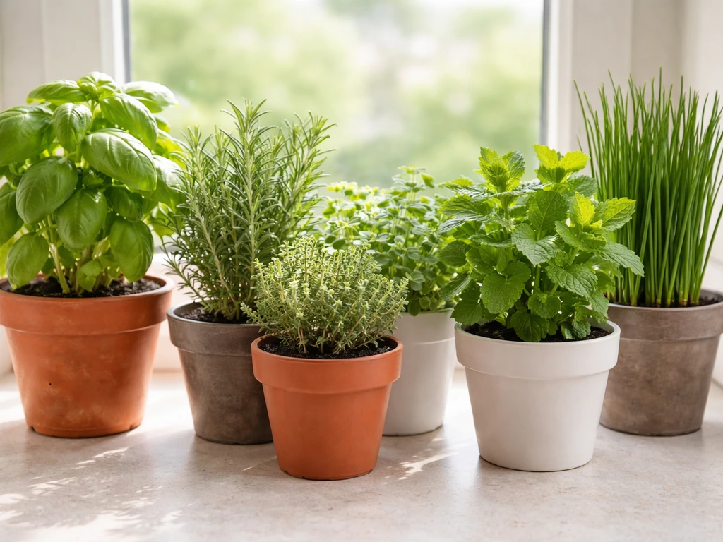Small pots of basil, rosemary, thyme, oregano, mint, and chives thriving indoors by a bright window.
