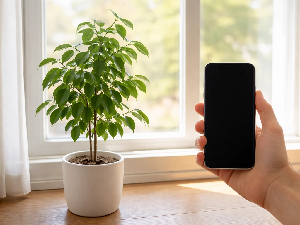 Hand holding a smartphone light meter next to a potted plant by a bright window, with sunlight outside.