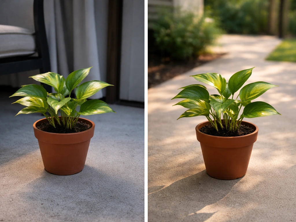 An indoor potted plant being gradually moved from shade to brighter outdoor patio for hardening off.