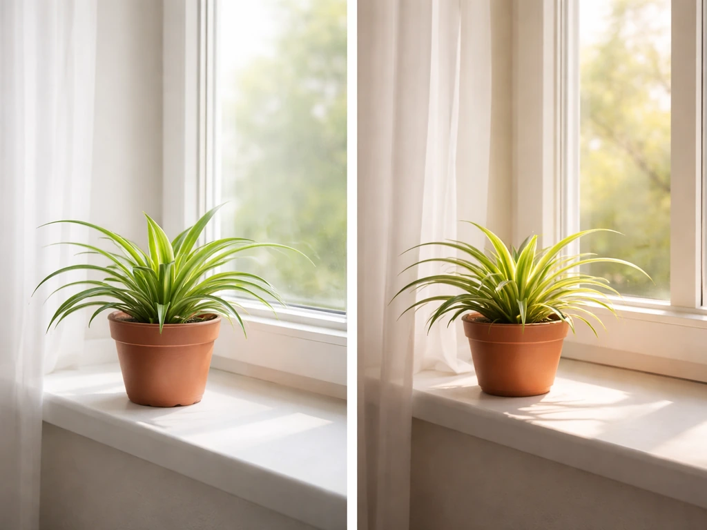 Spider plant in a pot near windows, showing medium-to-bright indirect light with clear distance from glass