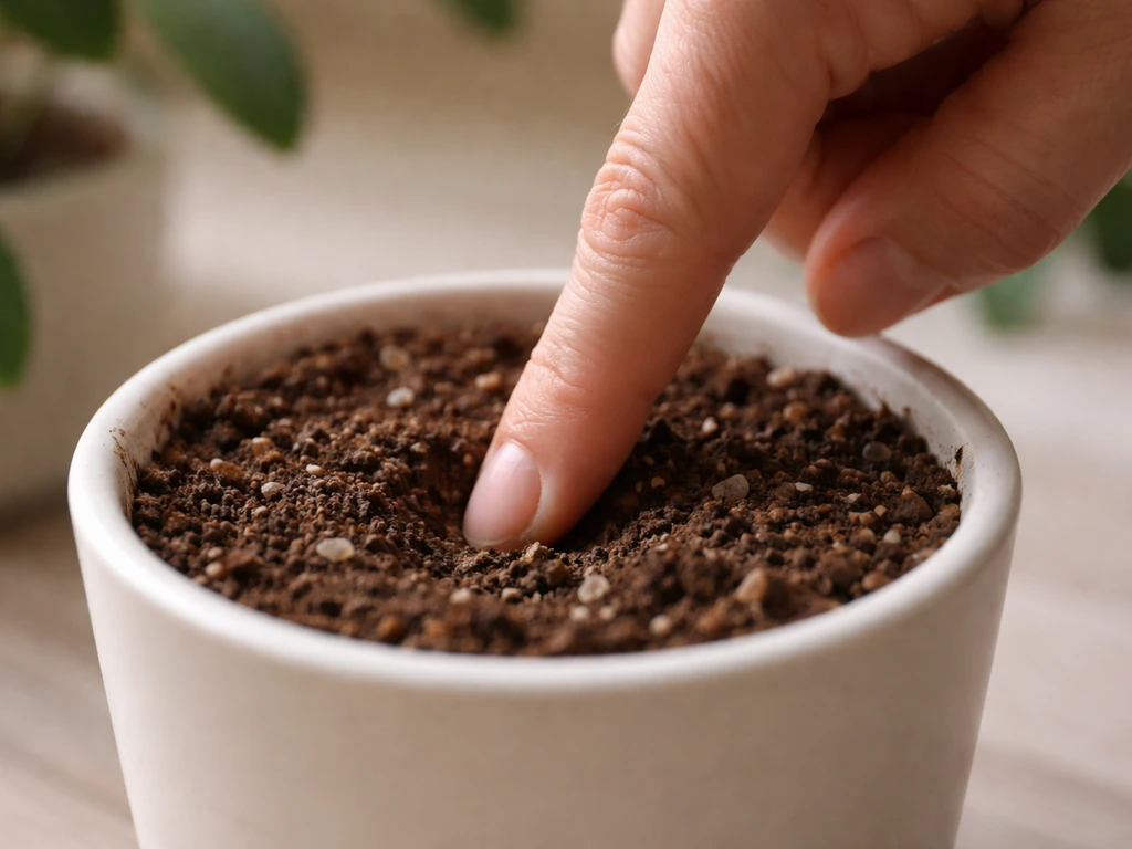 Hand finger pressing into the top inch of potting mix to check dryness before watering.