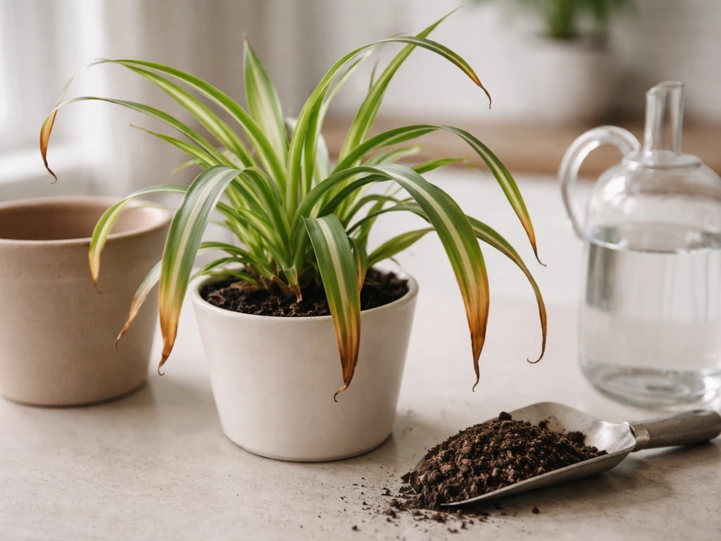 Close-up of a spider plant with brown leaf tips next to a clean pot and soil flush supplies