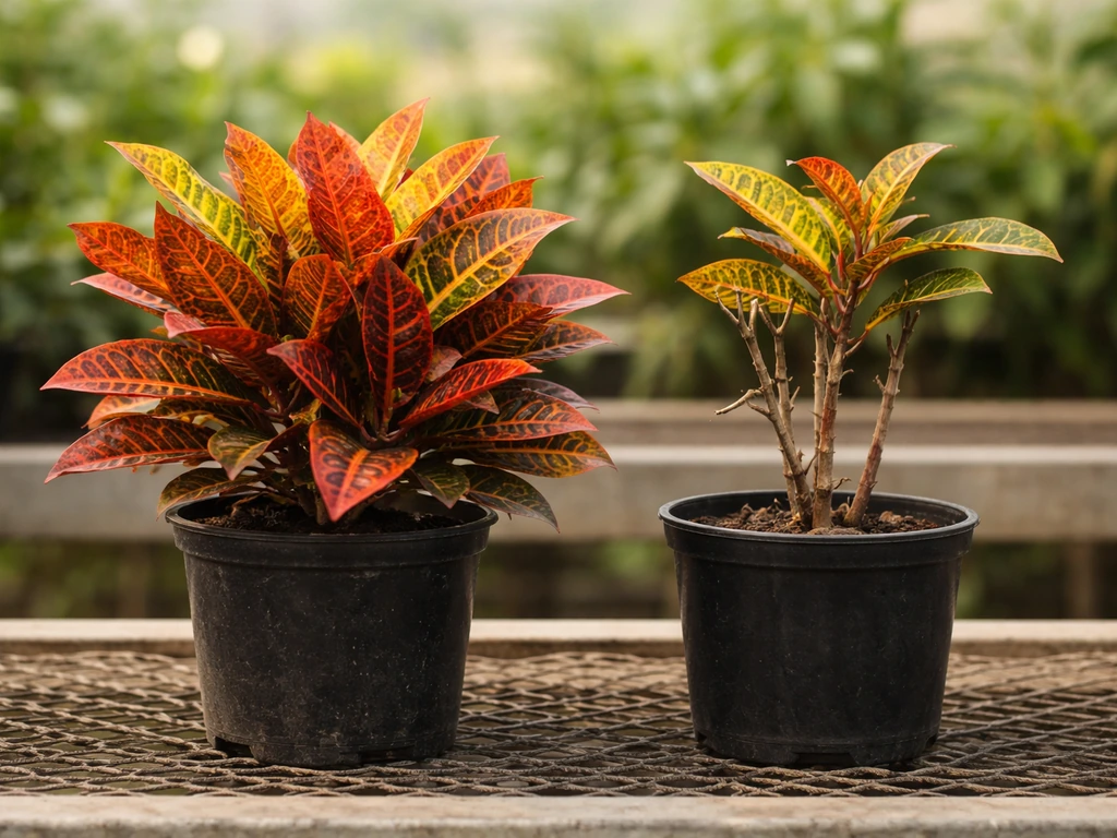 Indoor-suitable crotons in a nursery tray, showing healthy leafy plants beside one with bare stems.