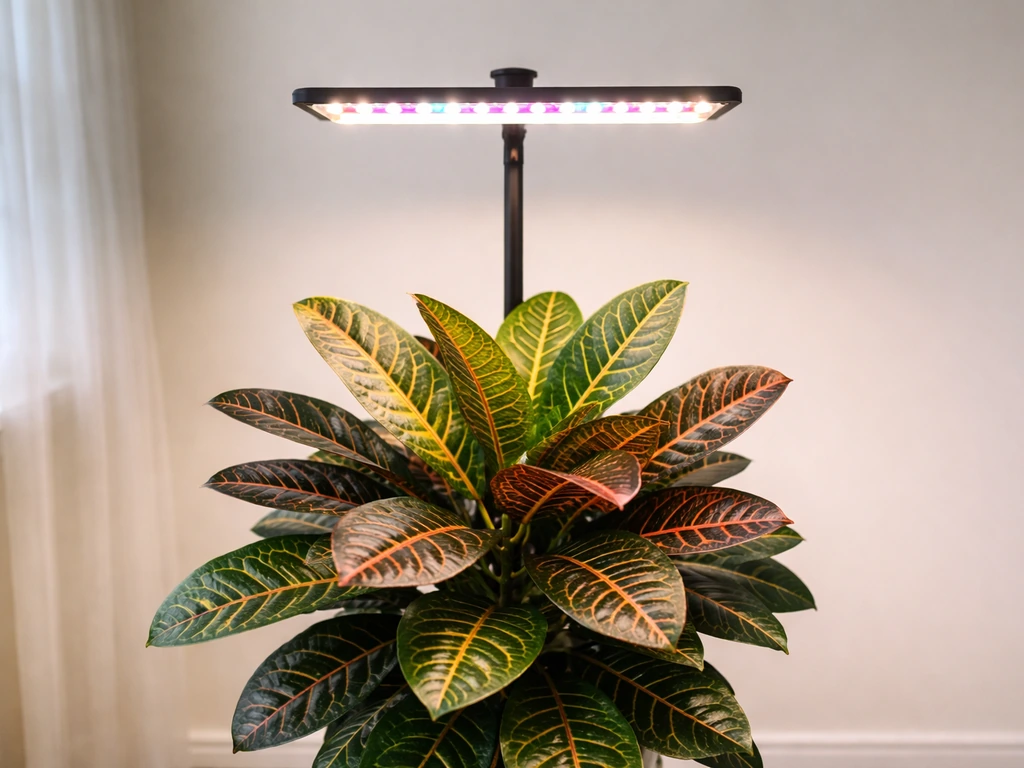 Full-spectrum LED grow light 6–12 inches above a croton in a simple indoor corner